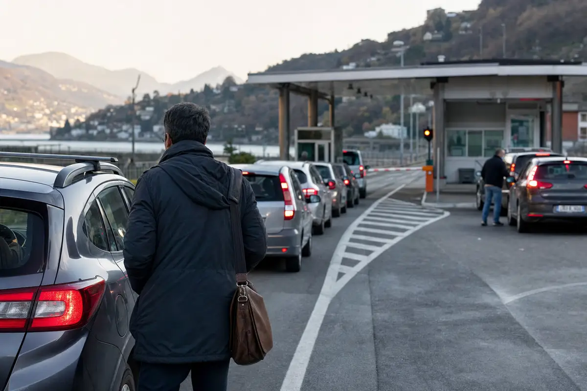 Coda di auto a un valico di frontiera con un pendolare di spalle vicino alla sua macchina