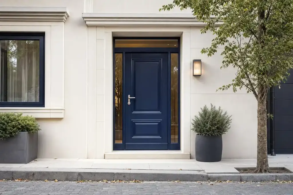 Porta d’ingresso blu navy su facciata chiara moderna con applique, vasi e albero sul marciapiede