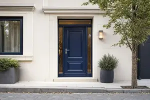 Porta d’ingresso blu navy su facciata chiara moderna con applique, vasi e albero sul marciapiede