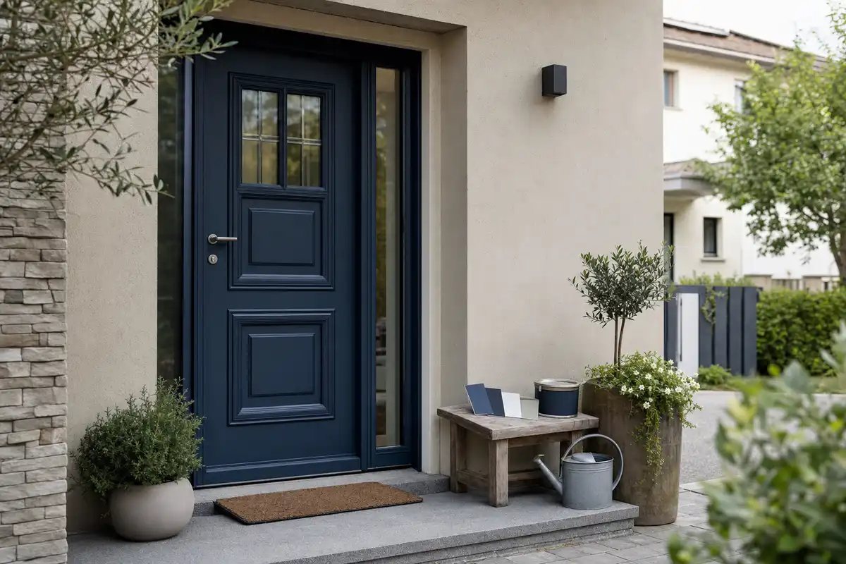 Porta d’ingresso blu navy su facciata chiara, con campioni di colore e barattolo di vernice su una panca