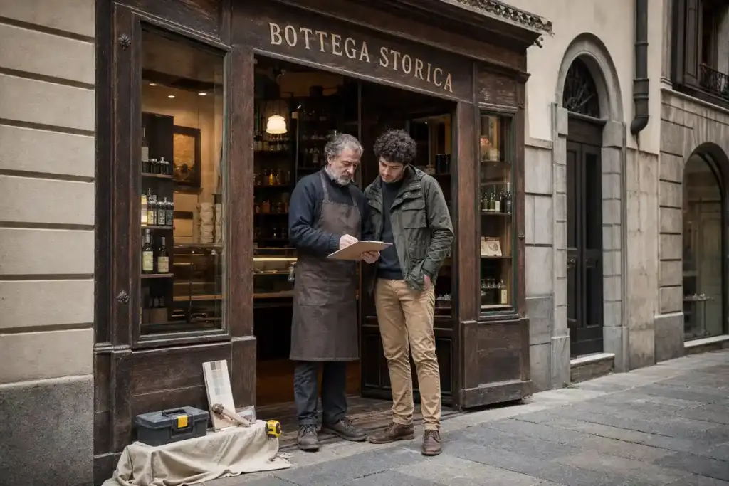 Due persone davanti alla vetrina di una bottega storica discutono su una clipboard, con attrezzi e campioni a terra