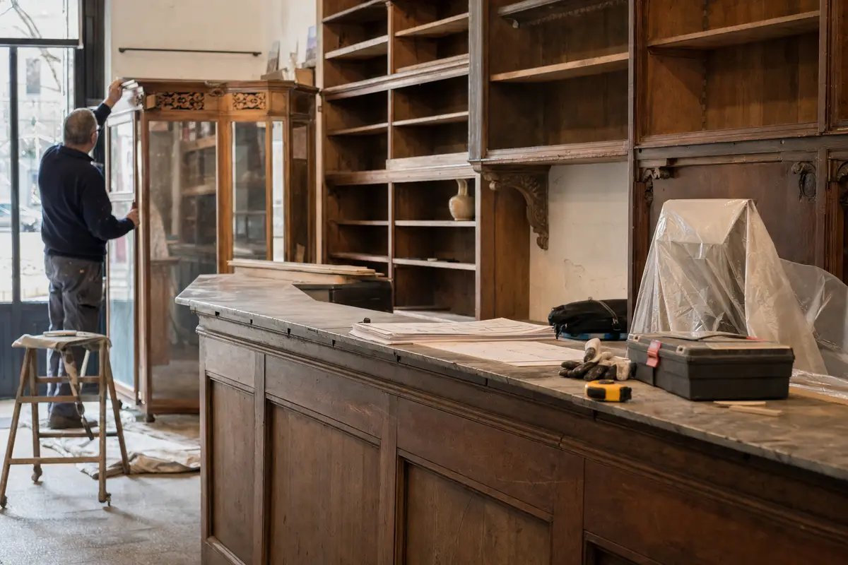 Interno di una bottega storica in ristrutturazione, con bancone in legno, scaffali vuoti e attrezzi da lavoro