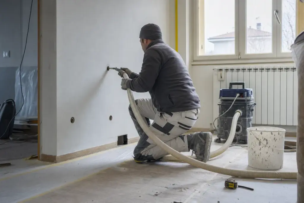 Tecnico inginocchiato che insuffla isolamento in una parete interna con tubo e macchina in un appartamento in