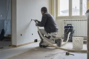 Tecnico inginocchiato che insuffla isolamento in una parete interna con tubo e macchina in un appartamento in