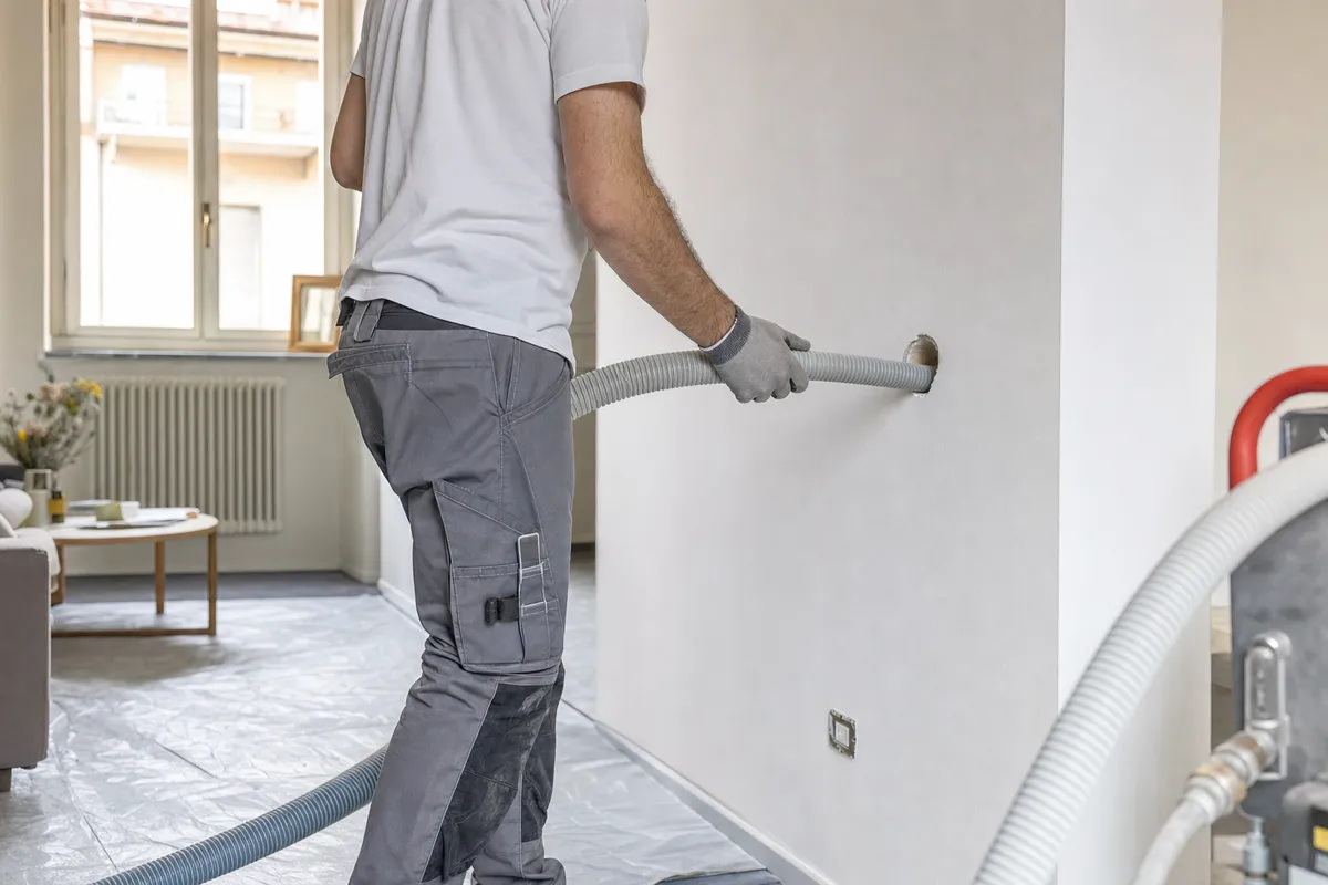 Tecnico inserisce un tubo in un foro del muro per insufflaggio isolante in appartamento
