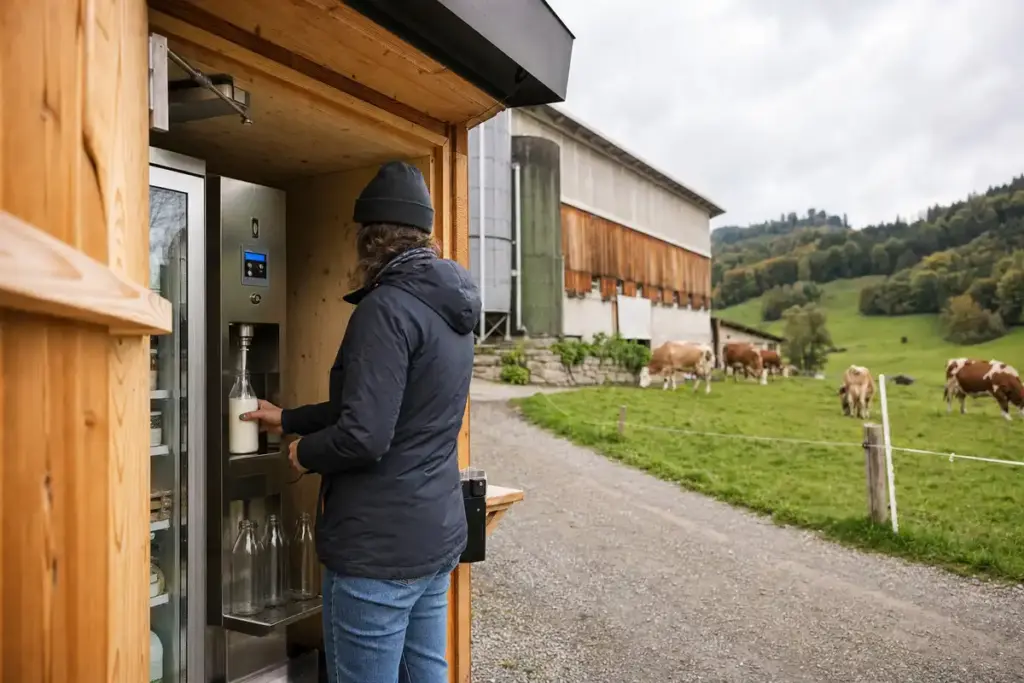 Cliente riempie una bottiglia di vetro a un distributore di latte in una casetta di legno, con mucche al pascolo