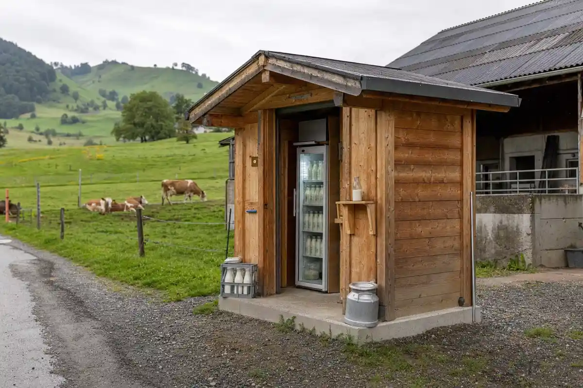 Casetta di legno per vendita self-service di latte con frigo e bottiglie, accanto a stalla e pascolo con mucche