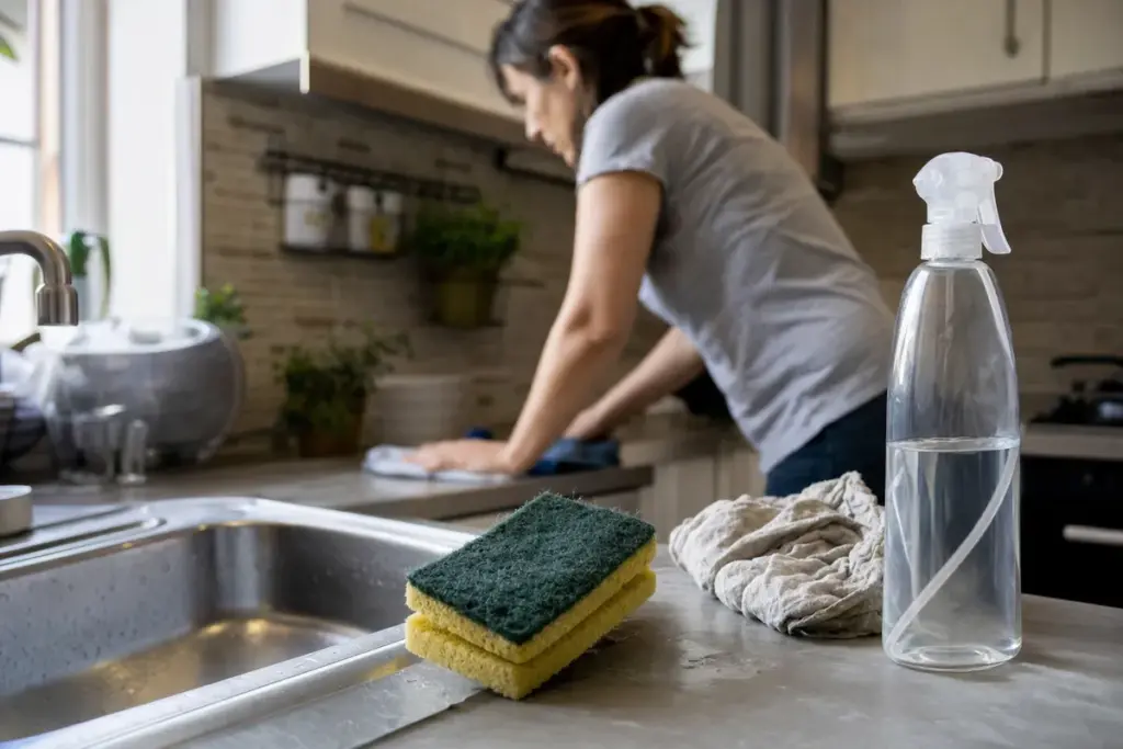 Spugna da cucina gialla e verde sul bordo del lavello, con panno e spruzzino mentre una donna pulisce il piano