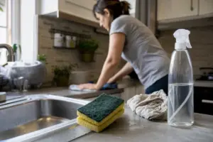 Spugna da cucina gialla e verde sul bordo del lavello, con panno e spruzzino mentre una donna pulisce il piano
