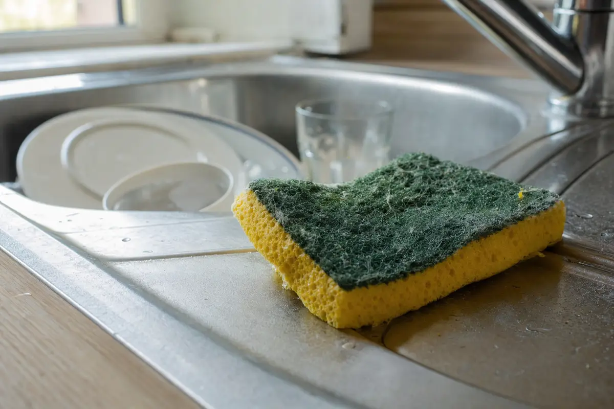 Spugna da cucina gialla e verde umida sul bordo del lavello, con piatti e un bicchiere sullo sfondo