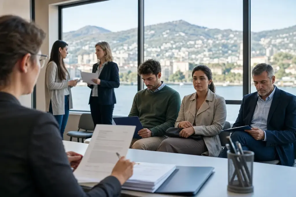 Candidati in sala d’attesa per colloqui, con recruiter in primo piano e vista sul lago dalle vetrate