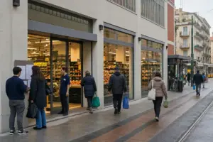 Ingresso di un supermercato discount in strada urbana, con persone che entrano e leggono avvisi in bacheca