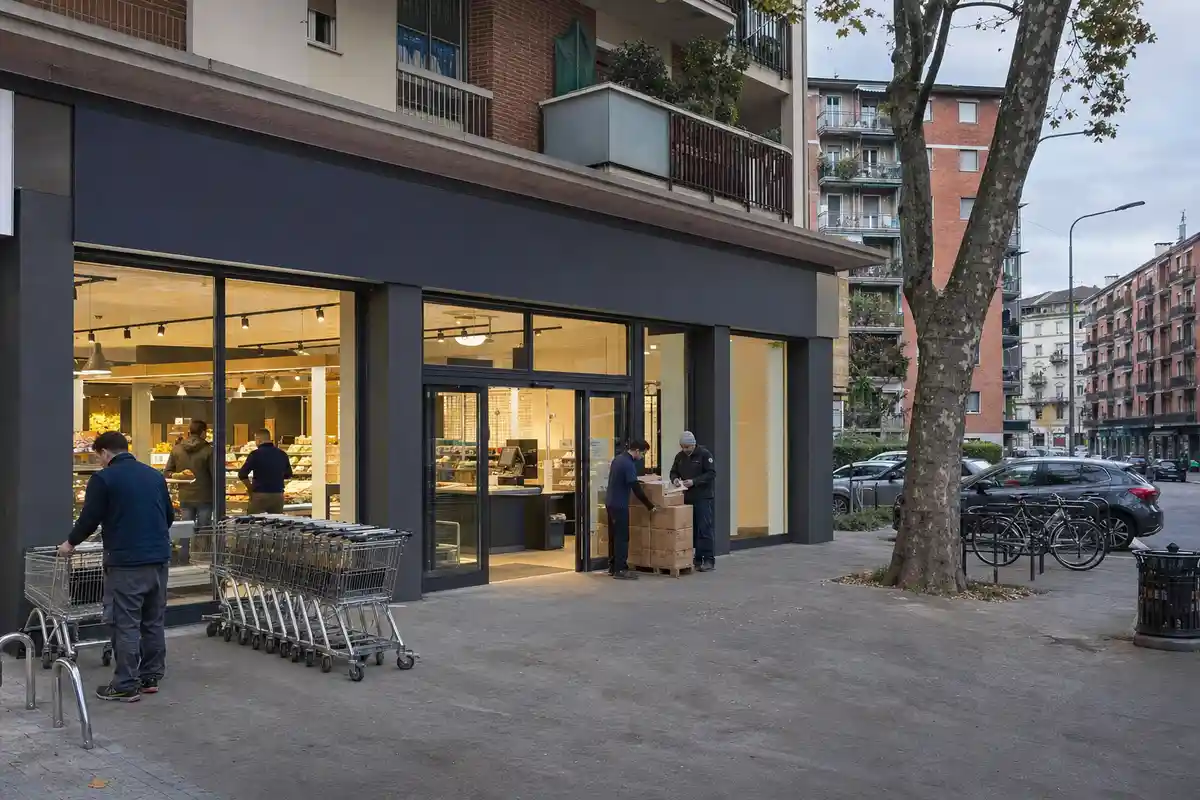 Ingresso di supermercato di quartiere con vetrate, carrelli allineati e addetti che sistemano scatole sul marciapiede