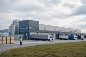 Stabilimento logistico moderno con baie di carico, camion in sosta, pallet impilati e operaio con giubbotto ad alta