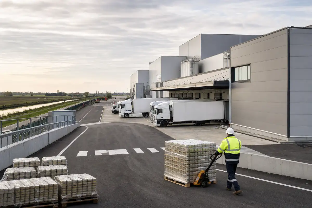 Magazzino industriale con camion alle baie di carico e operaio con transpallet che sposta un pallet di lattine