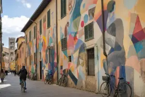 Strada di Pisa con grande murale astratto su una facciata, biciclette parcheggiate e un ciclista in transito