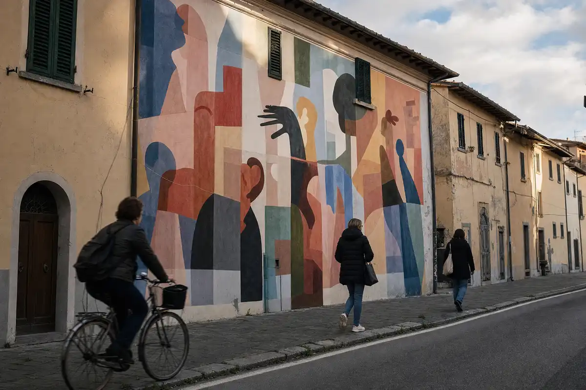 Grande murale astratto su facciata di un edificio in una strada di Pisa, con ciclista e pedoni