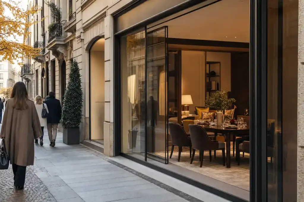 Vetrina di boutique di arredi con tavolo da pranzo e lampada, su elegante via dello shopping milanese in autunno
