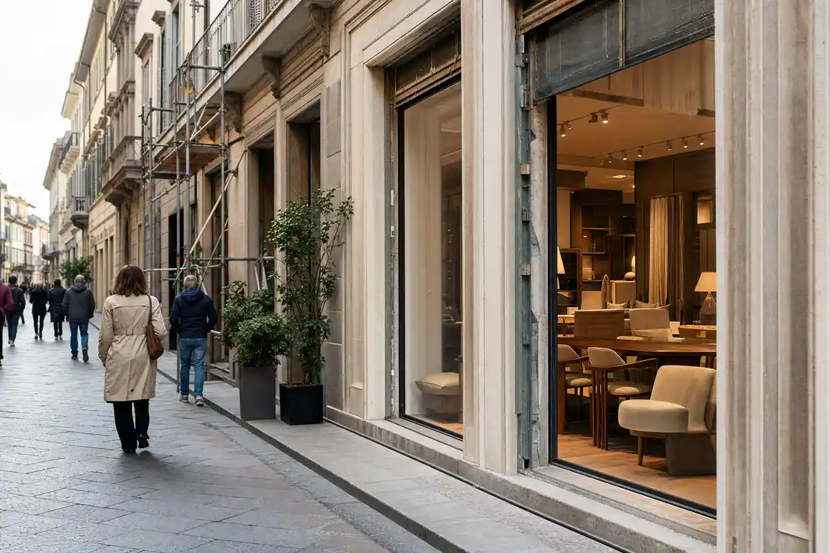 Vetrina di showroom d’interni su strada elegante a Milano, con arredi in legno, poltrone e passanti sul marciapiede