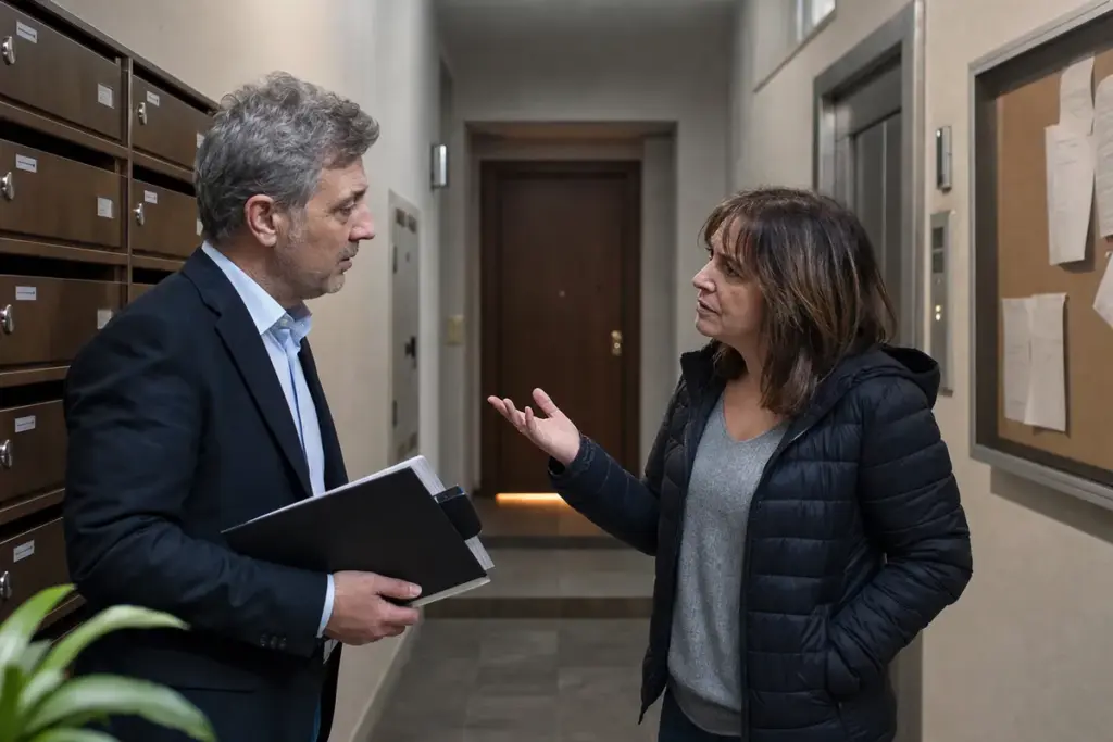 Amministratore con cartellina parla con una condomina nel corridoio, tra cassette postali e bacheca avvisi