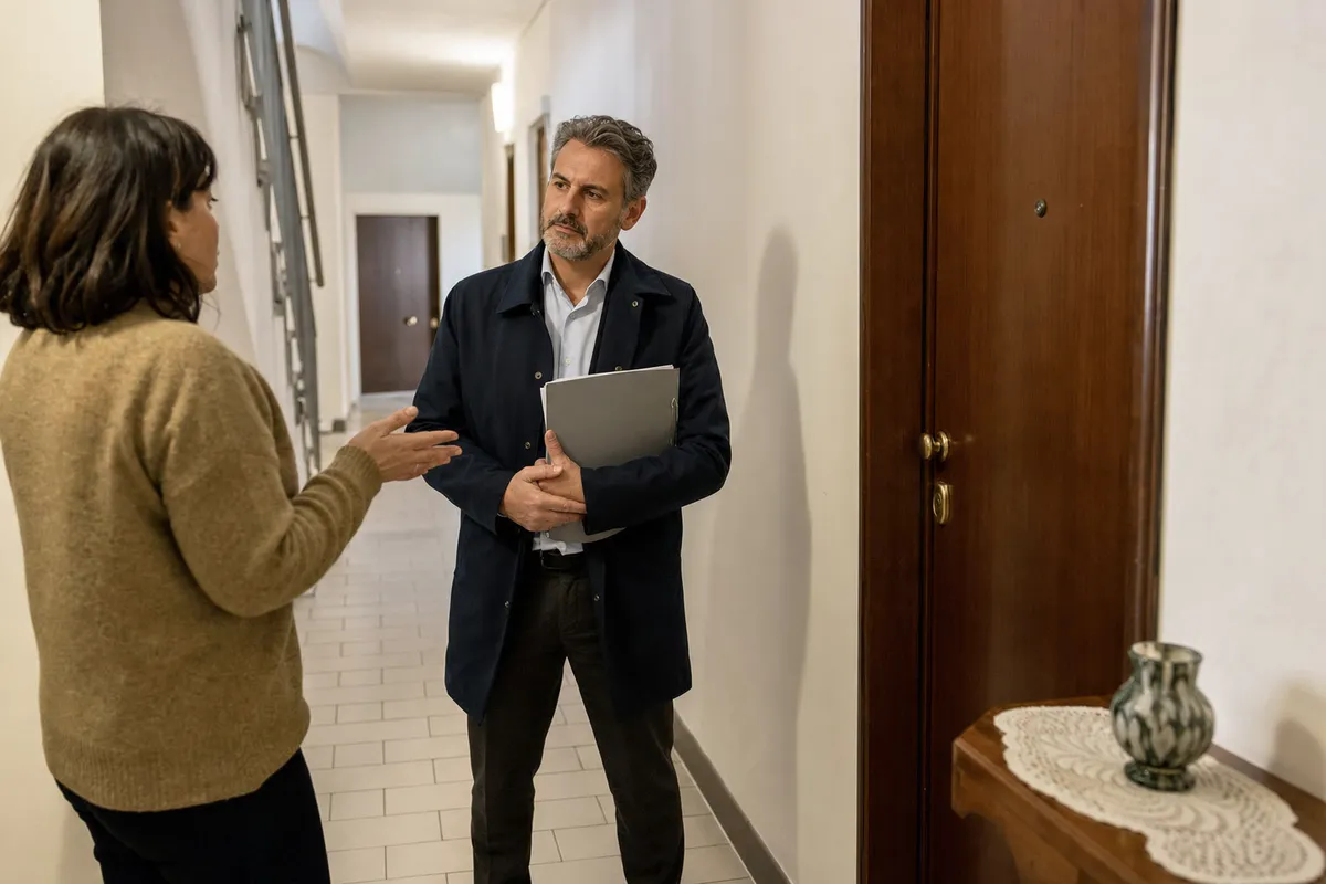 Amministratore condominiale con cartellina ascolta una residente nel corridoio davanti a una porta