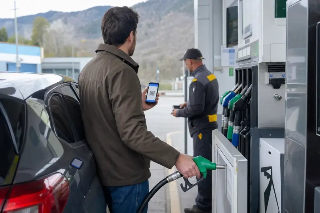 Automobilista al distributore mostra un QR sullo smartphone mentre impugna la pistola carburante