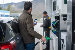 Automobilista al distributore mostra un QR sullo smartphone mentre impugna la pistola carburante