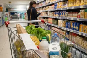 Carrello della spesa con ricevuta e generi alimentari mentre una cliente confronta i prezzi in corsia
