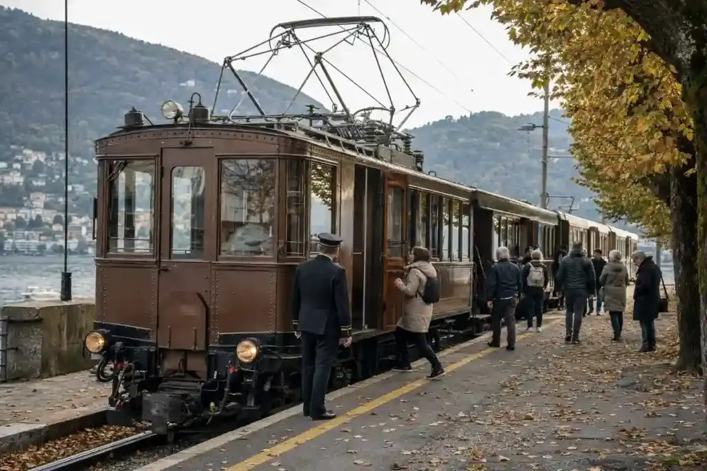 Treno storico elettrico in sosta sul binario accanto al lago, con passeggeri che salgono a bordo in autunno