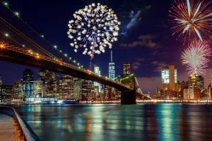 Fireworks over Manhattan, New York City skyline and Brooklyn Bridge