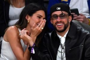 LOS ANGELES, CALIFORNIA - MAY 12: Yung Taco, Renell Medrano, Kendall Jenner and Bad Bunny attend the Western Conference Semifinal Playoff game between the Los Angeles Lakers and Golden State Warriors at Crypto.com Arena on May 12, 2023 in Los Angeles, California. (Photo by Kevork Djansezian/Getty Images)