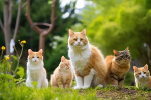 Family with two cats surrounded by nature