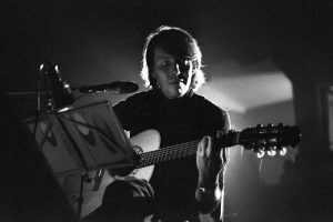 the poet and singer-songwriter Fabrizio De Andrè in concert, Milan (Italy), 1976