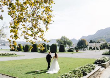Happy wedding couple in Como Lake, Italy