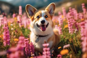 Charming corgi dog in flowers in the spring mountains Generative AI